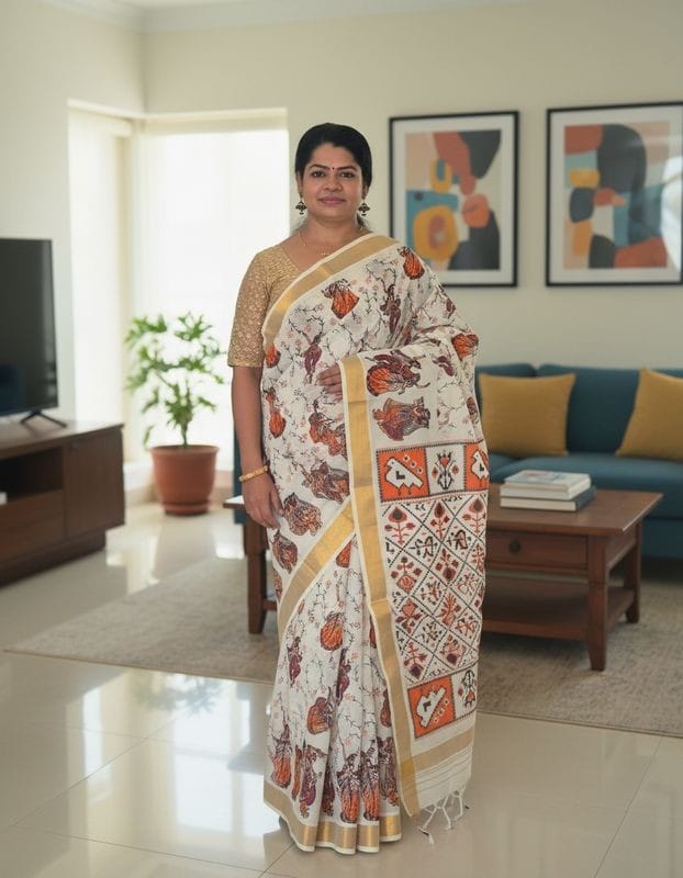 Kerala Traditional Cotton Radha Krishna all over print Sarees